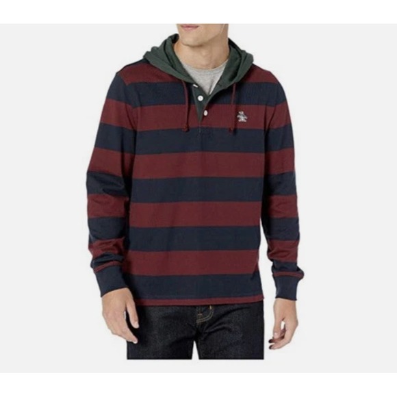 Penguin Munsingwear Rugby Hooded Sweatshirt Mens L Navy Burgundy Green Pullover - Picture 2 of 10